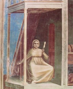 Giotto: Particolare dell'ancella che origlia nell'Annunzio a Sant'Anna (Cappella degli Scovegni, Padova)
